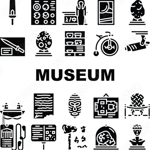 Museum Exhibits And Excursion Icons Set Vector