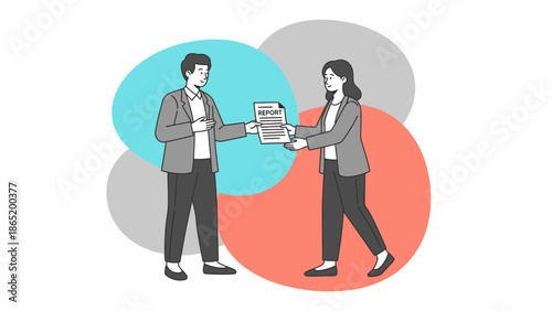Business meeting: man gives report document to woman, abstract background