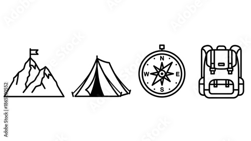 Camping Icons Mountain Tent Compass Backpack.
