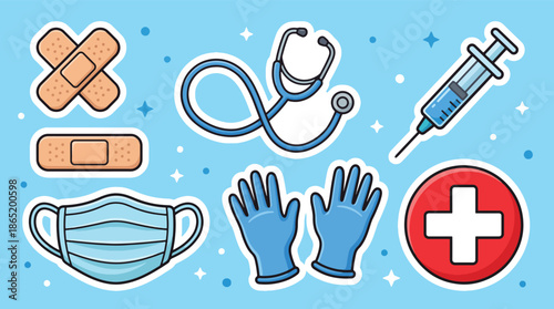 Cheerful cartoon medical supplies stickers with stethoscope, syringe, mask, gloves, and bandages, ideal for health awareness and professional care concepts