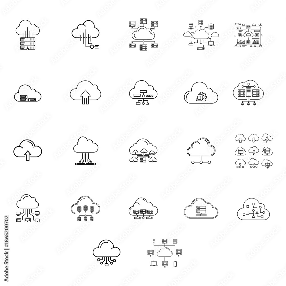 Obraz premium Cloud Computing Icons Pack for Cloud Services, Data Storage, and Online Technology