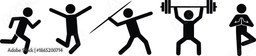 Minimal sport and fitness activity icons set showing running, jumping, javelin throw, weightlifting, and yoga poses isolated on white background