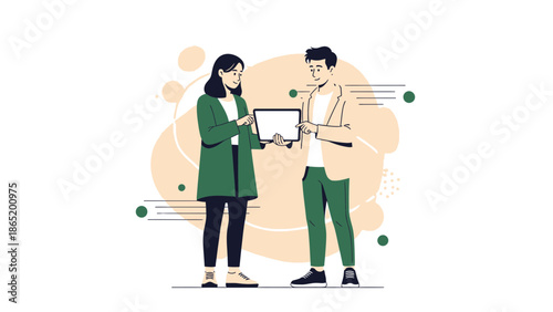 Business Meeting: Two professionals discuss on tablet, modern flat illustration