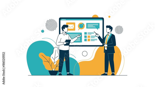 Business meeting with analytics data on screen, team discussing strategy