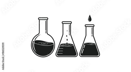 A striking visual composition of three erlenmeyer flasks filled with varying liquids a bold silhouette