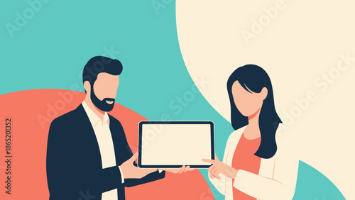 Business Meeting with Tablet Presentation, Modern Flat Design Illustration