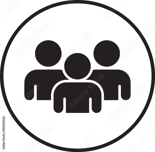 People group icon inside circle representing teamwork community collaboration and social network concept in clean black minimal style