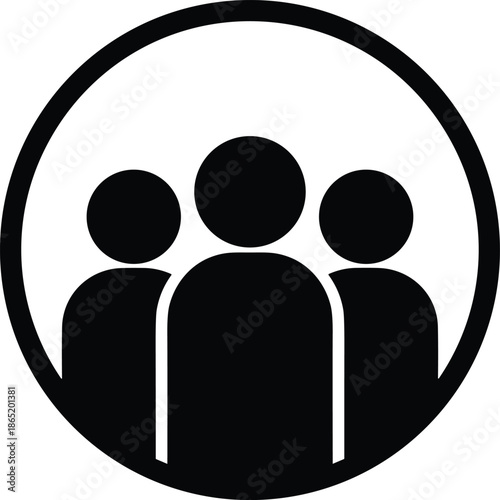 Three human silhouette figures inside circle representing group, teamwork, community and social connection concept in bold black minimal icon style