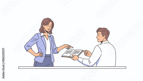 Business Meeting: Woman Explaining Document to Man at Table