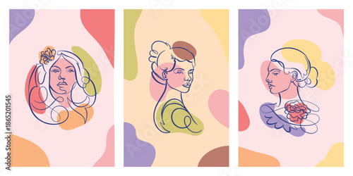 Set of three card designs with women faces made with one calligraphic line with contrast colour shapes in modern style. Made for cosmetics, facial creams and skin care products and emblems of posters.