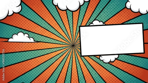 Colorful Comic Book Style Background with White Clouds and Blank Sign