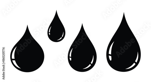 A striking arrangement of four black water droplets presented against a white background silhouette
