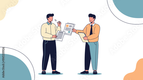 Business partners discussing documents, collaboration, teamwork, office meeting illustration.