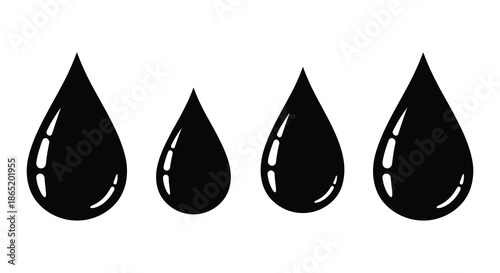 A striking composition of four black water droplet shapes arranged in a linear fashion silhouette