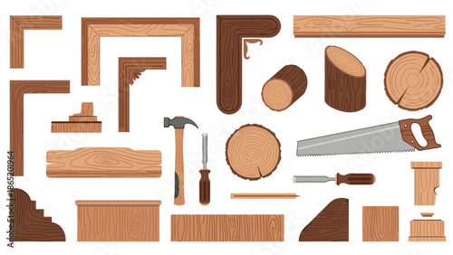 Comprehensive collection of essential woodworking tools, including a saw, hammer, chisel, and screwdriver, along with diverse wooden elements like planks and logs.
