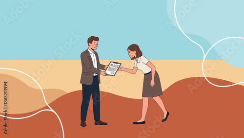 Business partners exchange documents in abstract landscape