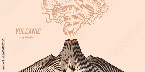 Moody volcano eruption landscape scene. Volcanic activity and explosion, lava coming out of mountain. Natural disaster concept. hand drawn engraving illustration pen and ink line art.