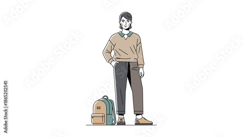 Young Person Standing with Backpack, Modern Minimalist Illustration