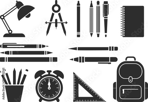 School Supplies Icon Set Illustration, Stationery Education Tools Black Vector.