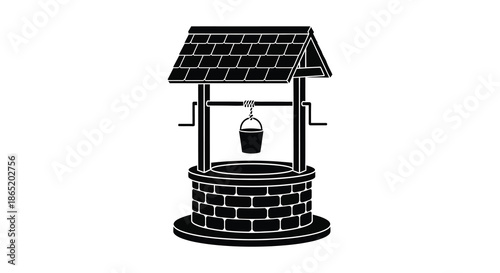 a detailed illustration of a classic wishing well structure rendered in stark black and white silhouette