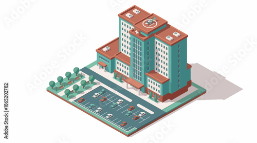 Modern Isometric Illustration of a Hospital Building with Helipad and Parking Lot. This Architectural Vector Design Represents a Comprehensive Healthcare Facility for Medical Services