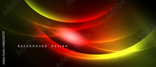 Abstract dynamic background. Smooth curves, vibrant colors create modern visual effect. Red, yellow, green hues dominate dark space.