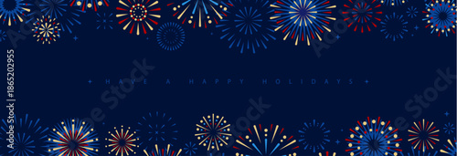 Set of holiday colorful firework explosion isolated on dark blue background. Independence day of America. Vector illustration