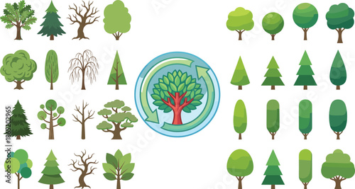 Flat tree icon set with recycling symbol, eco nature elements, green forest vegetation collection, environmental conservation concept, sustainable design illustration