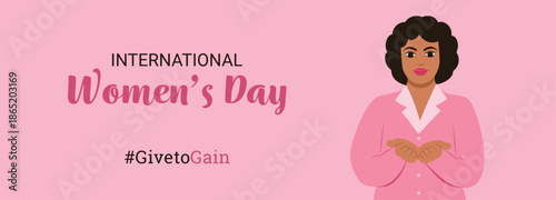 #givetogain. Vector illustration for International Women's Day:a woman with open palms, hands giving a gesture. A campaign for March 8, 2026, honoring women, feminism, and activism with give to gain. 