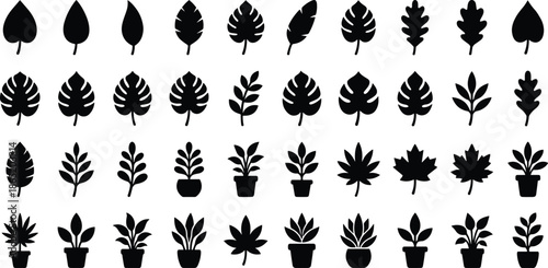 Minimalist black botanical icons set featuring leaves and potted plants silhouettes isolated on white background for design projects