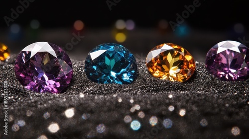 Three brilliant cut gemstones including blue purple and orange stones sparkling on a dark textured surface with bokeh lights