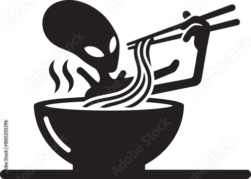 Black silhouette of alien enjoying eating ramen noodles with chopsticks from large steaming bowl