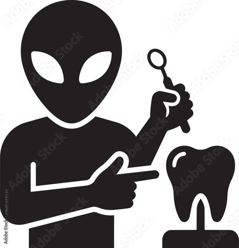 Black silhouette of grey alien pointing at giant shiny molar with dental mirror and checking tooth