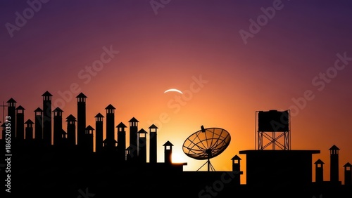 City skyline silhouette with satellite dish at sunset and moon