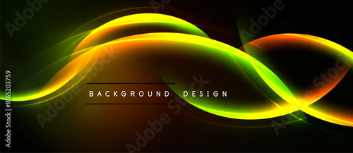 Abstract design features vibrant curves, gradients. Colors blend from orange, yellow, green against black backdrop. Modern, dynamic visual.