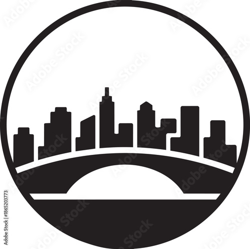 City skyline with bridge in circle, urban landscape silhouette, modern architecture
