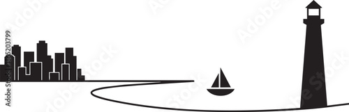 City skyline and lighthouse by sea, sailboat on water, coastal panorama