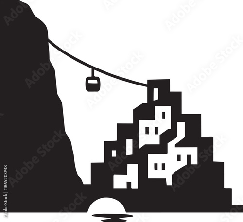 Coastal cliffside village silhouette with houses on hillside cable car and bridge