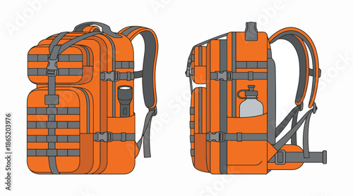 Detailed Illustration of an Orange Tactical Backpack with Multiple Compartments and Pockets, Ideal for Outdoor Adventures and Travel