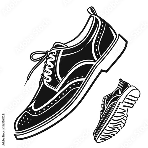 Title: A black and white sneaker with laces and a dotted pattern on a white background