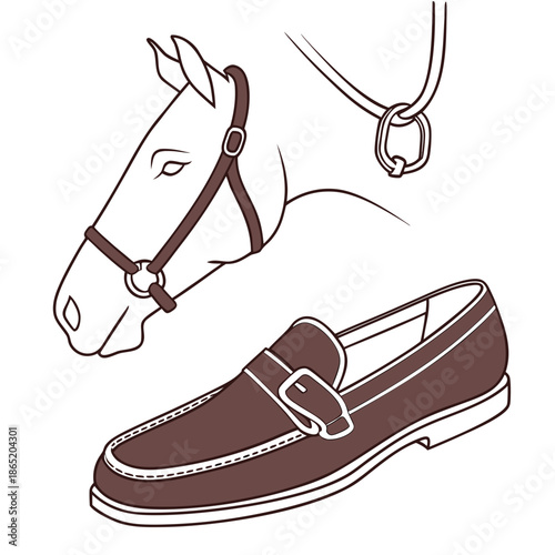 Title: A detailed of a horse head with a bridle and a loafer shoe on a white background