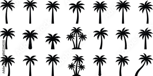 Black palm tree silhouette icons set isolated on white background, tropical summer symbols collection for logos, prints, decor, and graphic design
