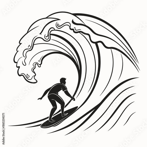Title: A black and white of a surfer riding a large wave with a stylized face