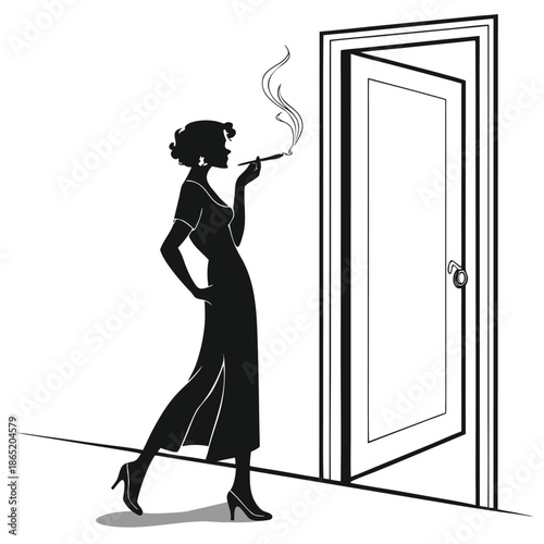a vintage styled illustration depicts a woman smoking near an open doorway showcasing a dramatic silhouette