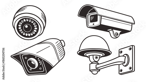 A collection of various security camera types in a black and white illustration silhouette high quality