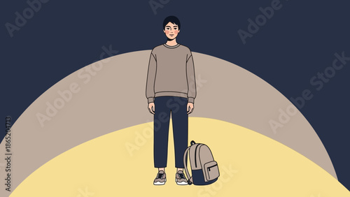 Young man with backpack in abstract spotlight, modern illustration style