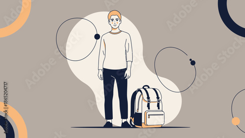 Young Man with Backpack Ready for Adventure or Travel, Modern Minimalist Illustration