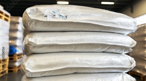 Stack of sealed white emergency blankets made of durable material for storage and survival