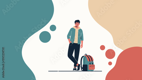 Young Man with Backpack Standing on Abstract Background, Casual Style