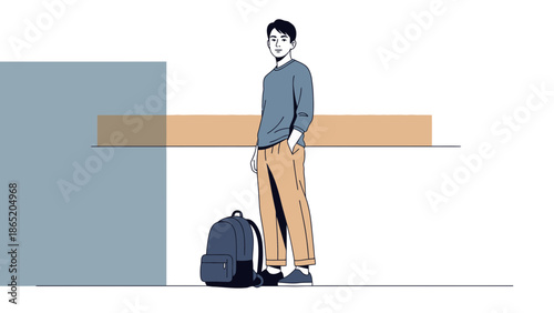 Young man with backpack standing, modern abstract background, casual style